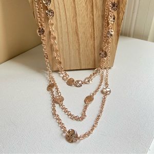 Charming Charlie rose goldtone triple tier chain necklace with hammered disks